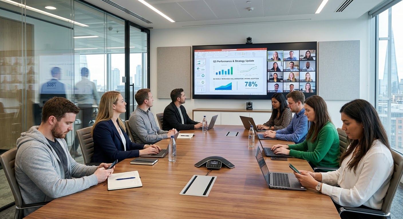 A hybrid team meeting in a modern conference room with remote participants on a wall screen