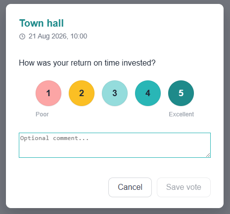 Meetric ROTI voting dialog for a Town hall meeting: rate from 1 (poor) to 5 (excellent), with an optional comment and a Save vote button